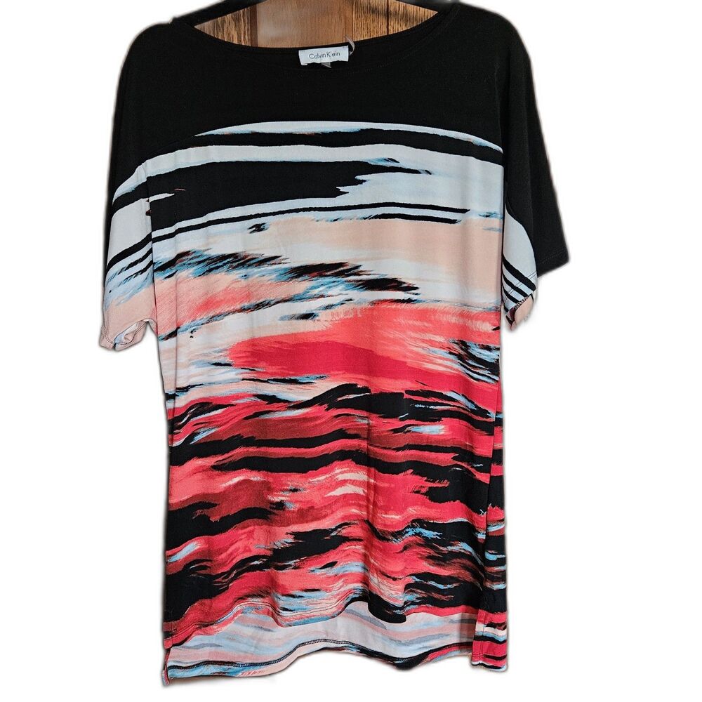Calvin Klein Women's S Silk-Like Stretch Sunset Print Career Blouse Short Sleeve
